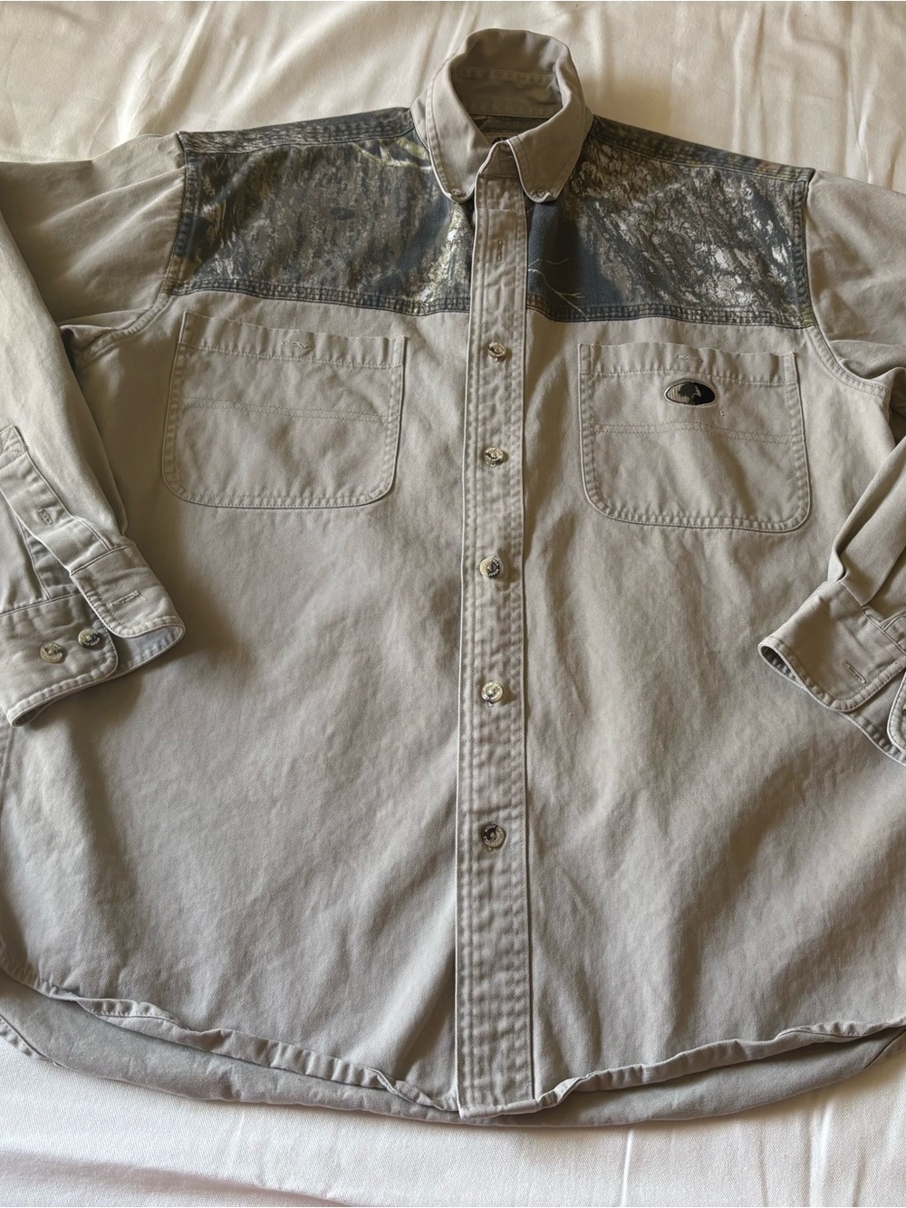 Mossy Oak Tan Button-Up Shirt Jacket with Dark Patterned Yoke